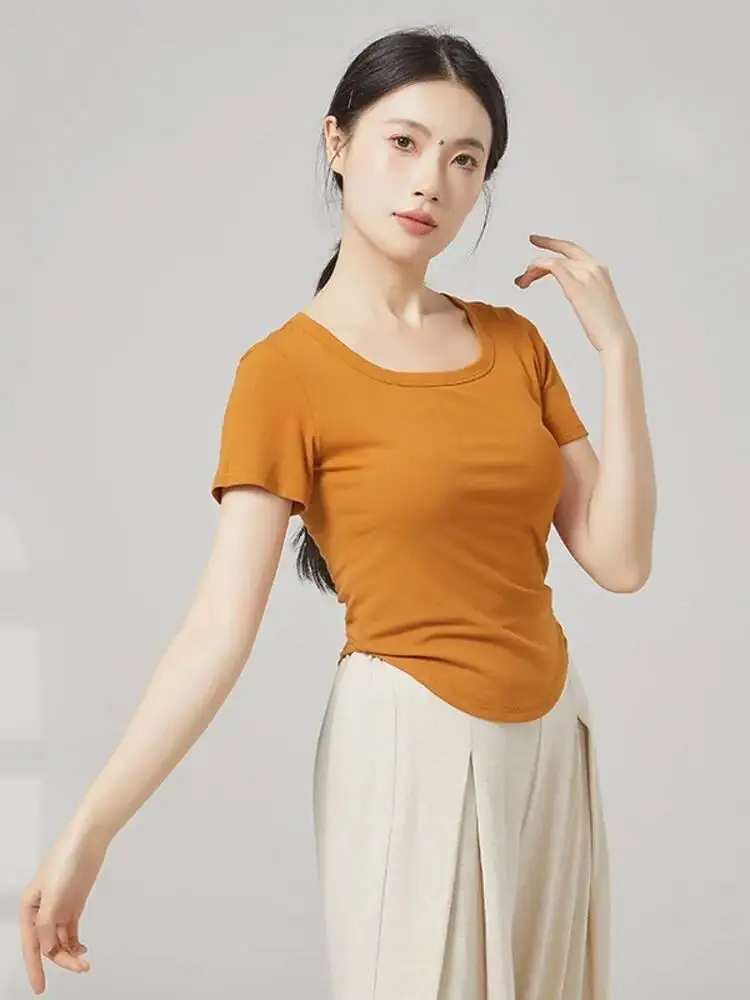 

Womens Solid Square Neck Dance Shirt Short Sleeve Slim Fit Top Stage Performance Modern Contemporary Ballet Rehearsal Costume