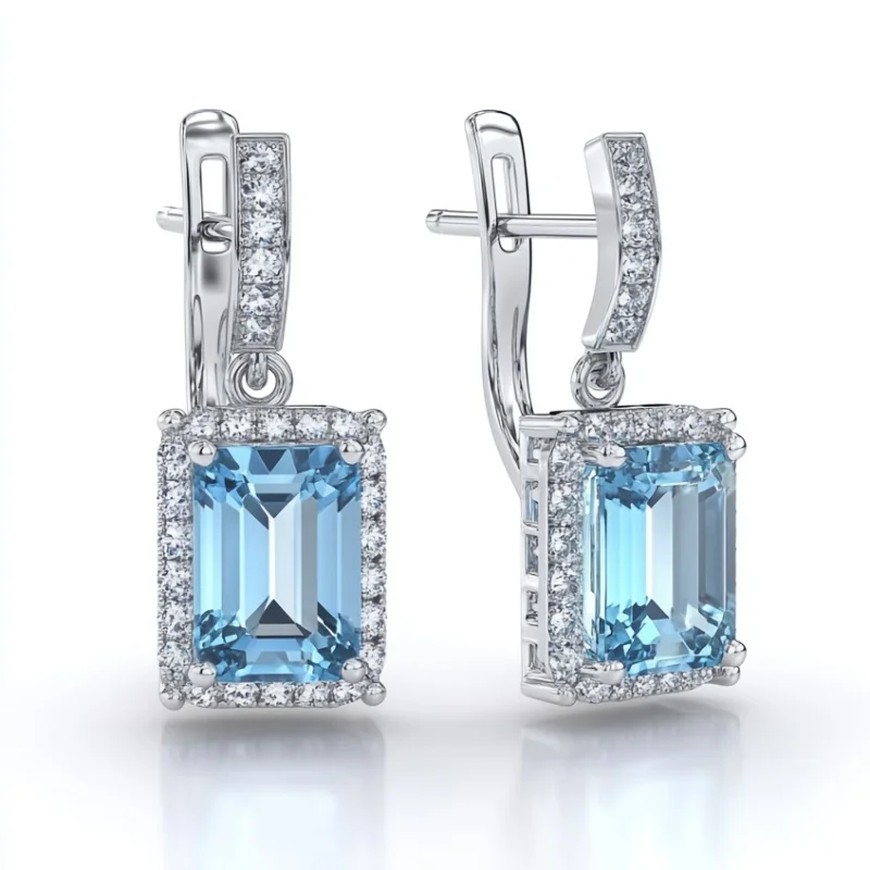 SGARIT Solid 925 Sterling Silver Cuboid Topaz Emerald Cut Earrings for Women 5A Zircon Jewelry Wedding Band Party Fine Gift