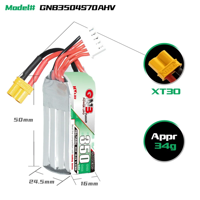 Batterie Lipo pour Drone RC FPV GNB 4S1P, 15.2V, 350mAh, pour Mini Quadcopter FPV, Modèle d'Avion UAV, Hélicoptère 70C 15.2V