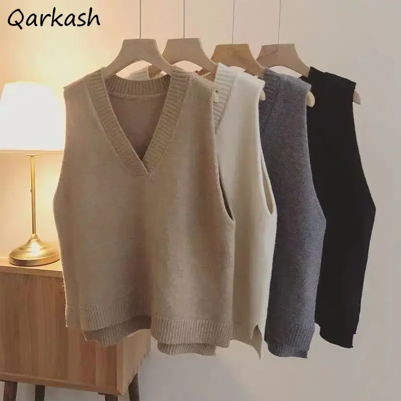 Sweater Vests Women Korean Style Sleeveless Knitted Tops Deep V-neck Simple Students Loose All-match Solid Casual Skin-friendly