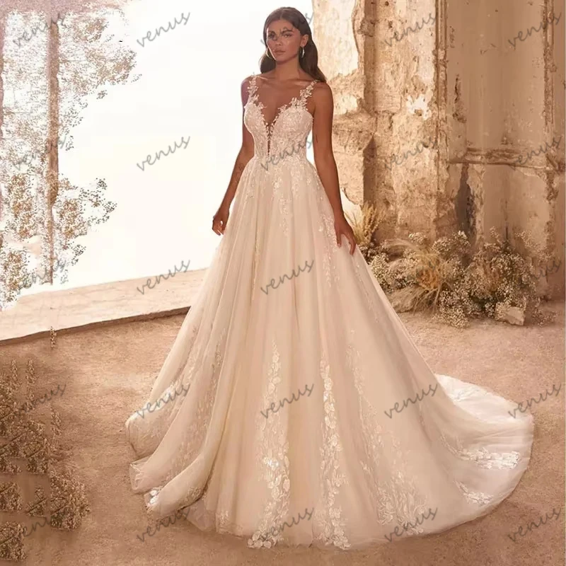 Gorgeous Wedding Dresses Luxury Bridal Gowns Lace Appliques Sleeveless Deep V Neck Robes Glamorous Vestidos De Novia Customized