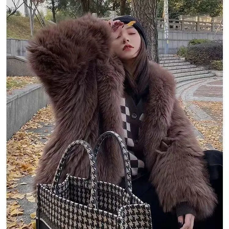 

Women Faux Fox Fur Coats Solid Overcoats Turn Down Collar Long Sleeves Covered Button Loose Fit Casual 2025 Autumn Winter