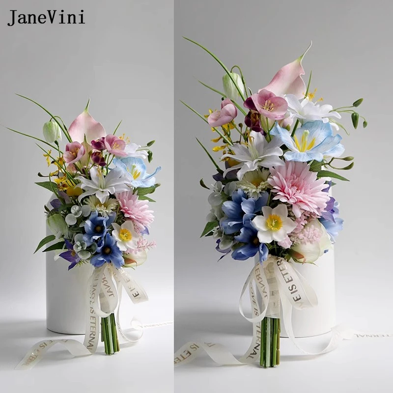 

JaneVini 2025 Romantic Pink Blue Flowers Bridal Bouquets Artificial Silk Roses Hydrangea Boho Bride Bouquet Wedding Accessories
