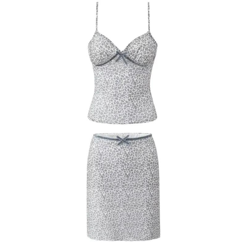

Leopard Print Bow Sexy Crop Top And Short Skirt Fashion Summer Outfits 2025 New Velvet Pathwork Camisole +skirt Two Piece Set