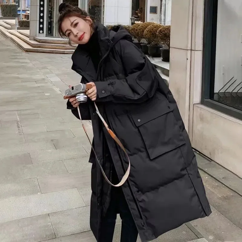 

GIDYQ Winter Warm Long Down Jacket Women Korean Loose Pockets Preppy Style Cotton Parka Fashion Hooded Thick Snow Overcoat New