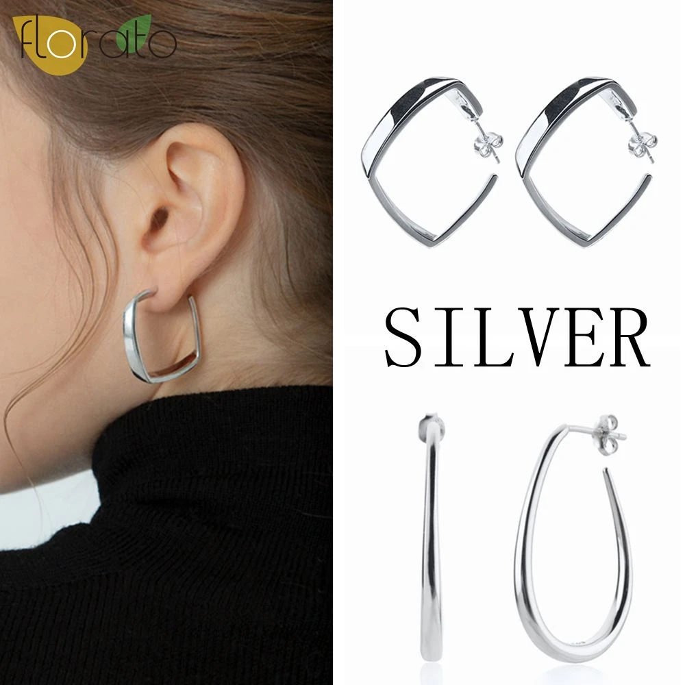 Pendientes grandes con forma de Aro para mujer, aretes de plata pura 925, diseño de anillo cuadrado clásico, joyería Retro Simple