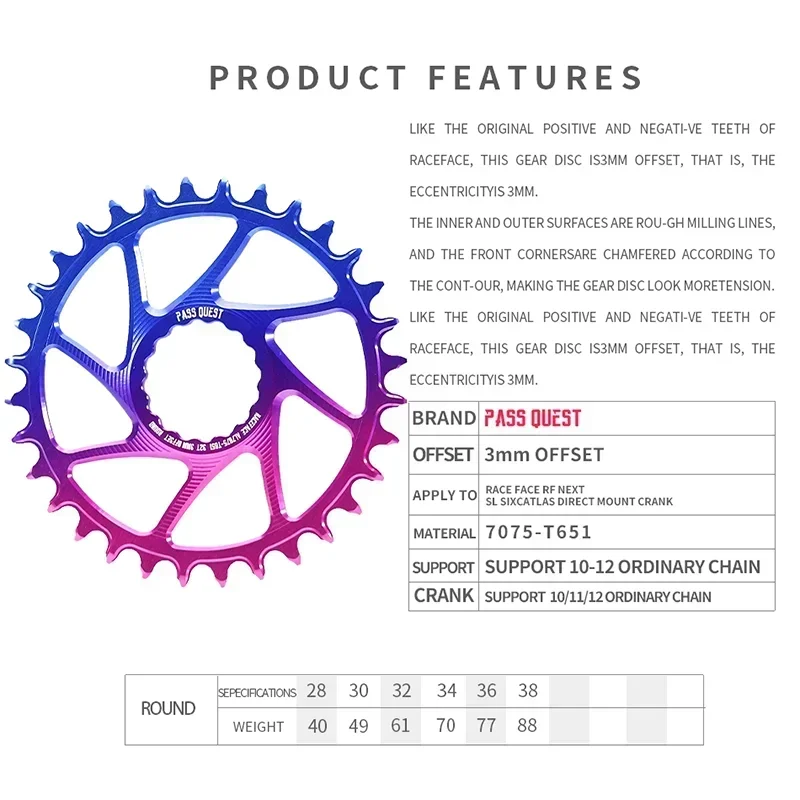 PASS QUEST Raceface Crank 3mm Offest 1X Boost Compatible Gradient Two Tone Narrow Wide Chainring Direct Mount Crankset 28-38T