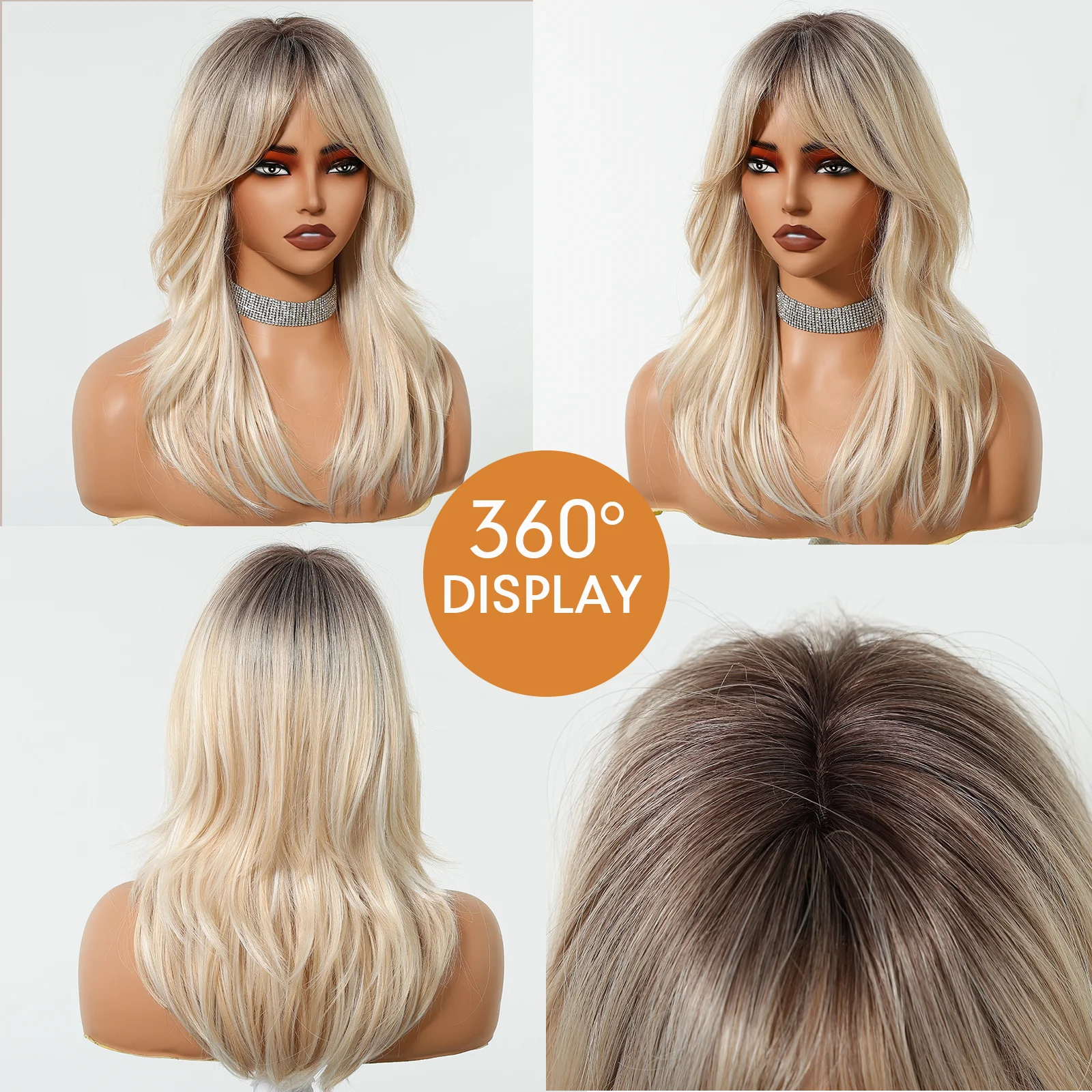 Ombre Blonde Mixed Platinum Synthetic Wig with Eight-character Bangs for Women Natural Layered Straight Wig Cosplay Lolita Wig