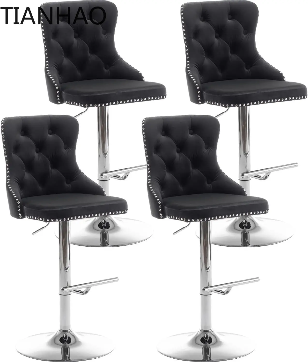 Velvet Bar Stools Set of 4, Counter Height Bar Stools with Button & Nailheads Trim, Swivel Barstools for Kitchen Island, Pub