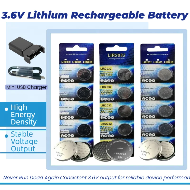 

LIR2032 LIR2016 LIR2025 3.6V Rechargeable Button Battery CR2032 CR2025 CR2016 Coin Cell for Watch Calculator Toys