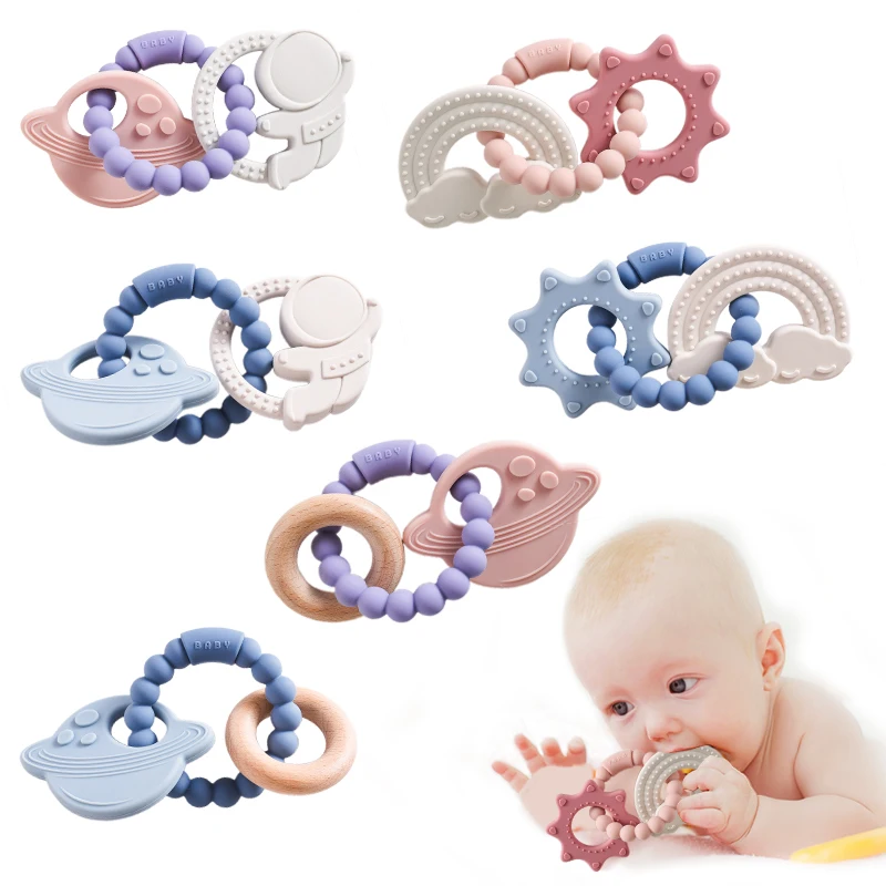 Baby Silicone Bracelet Teether Toys BPA Free Silicone Celestial Astronaut Nursing Teething Toys Wooden Ring for Infant Toys Gift