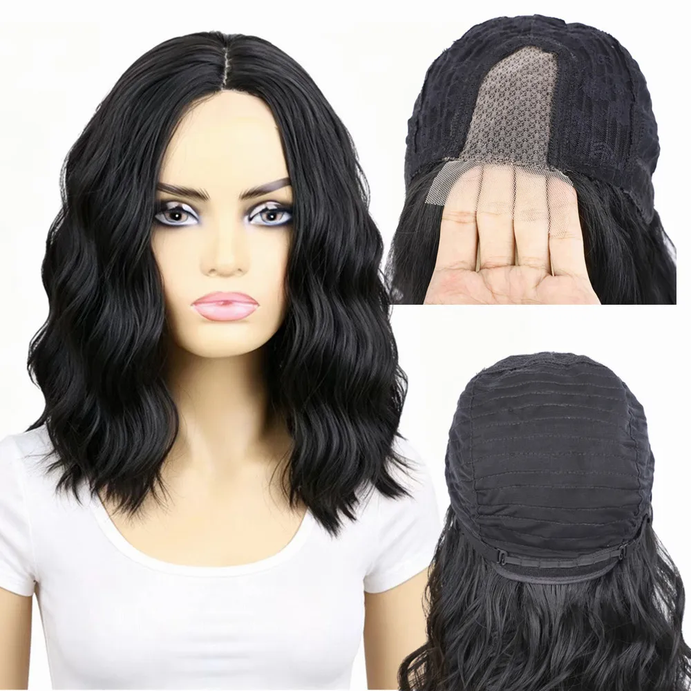 Black Short Bob Wave Wig Synthetic Hair Middle Part Natural Wave Small Lace/No Lace Heat Resistant Fiber