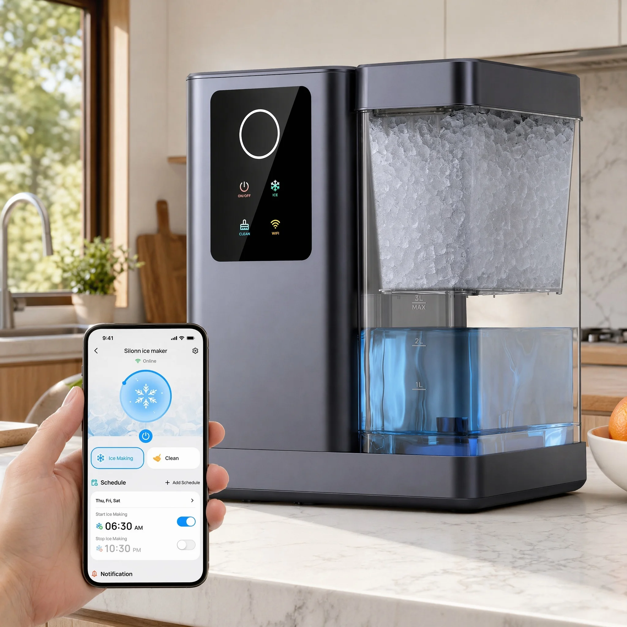 Nugget Ice Maker Countertop with APP & Voice Control, Self Cleaning Ice Machine with 3L Large Water Tank, 40 Lbs/24H Soft Chewable Ice, Portable Pebble Ice Maker for Home, Kitchen and Party
