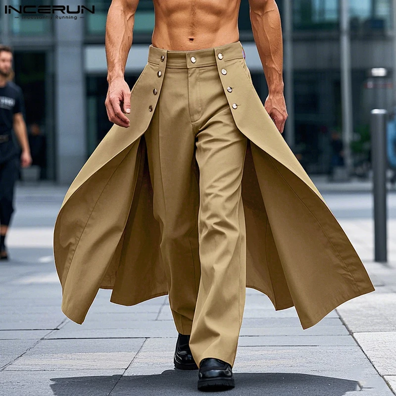 INCERUN Men Irregular Pants Solid Color Button Joggers Loose Casual Trousers Men Streetwear 2025 Fashion Male Long Pants S-5XL