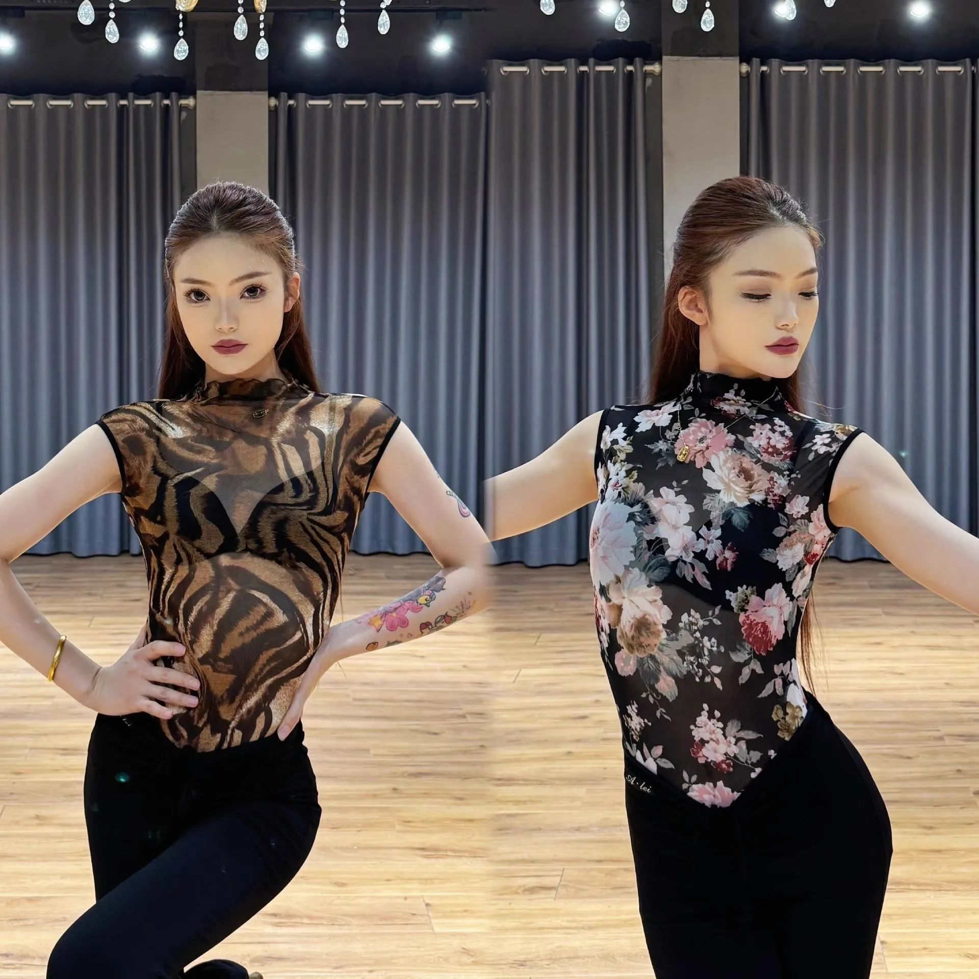 2025 女性ラテンダンスモダンダンス衣装ヒョウ柄ハイネックジャンプスーツ練習服社交ダンス服 DN21902