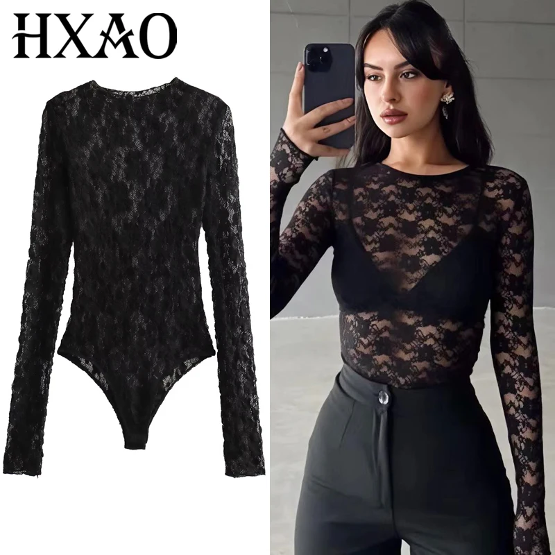 

HXAO Women's Bodysuit Lace Bodysuit Autumn Black Cutwork O-Neck Long Sleeves High Spandex Bodysuits Sexy Lingerie For Fine Women