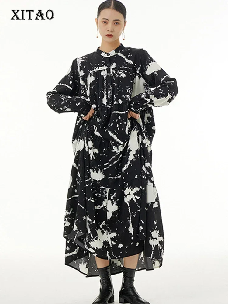 

XITAO Vintage Print Stand Collar Dress Full Sleeve Temperament Slimming Casual Loose Pullover Women New Fashion Dress DMJ3421
