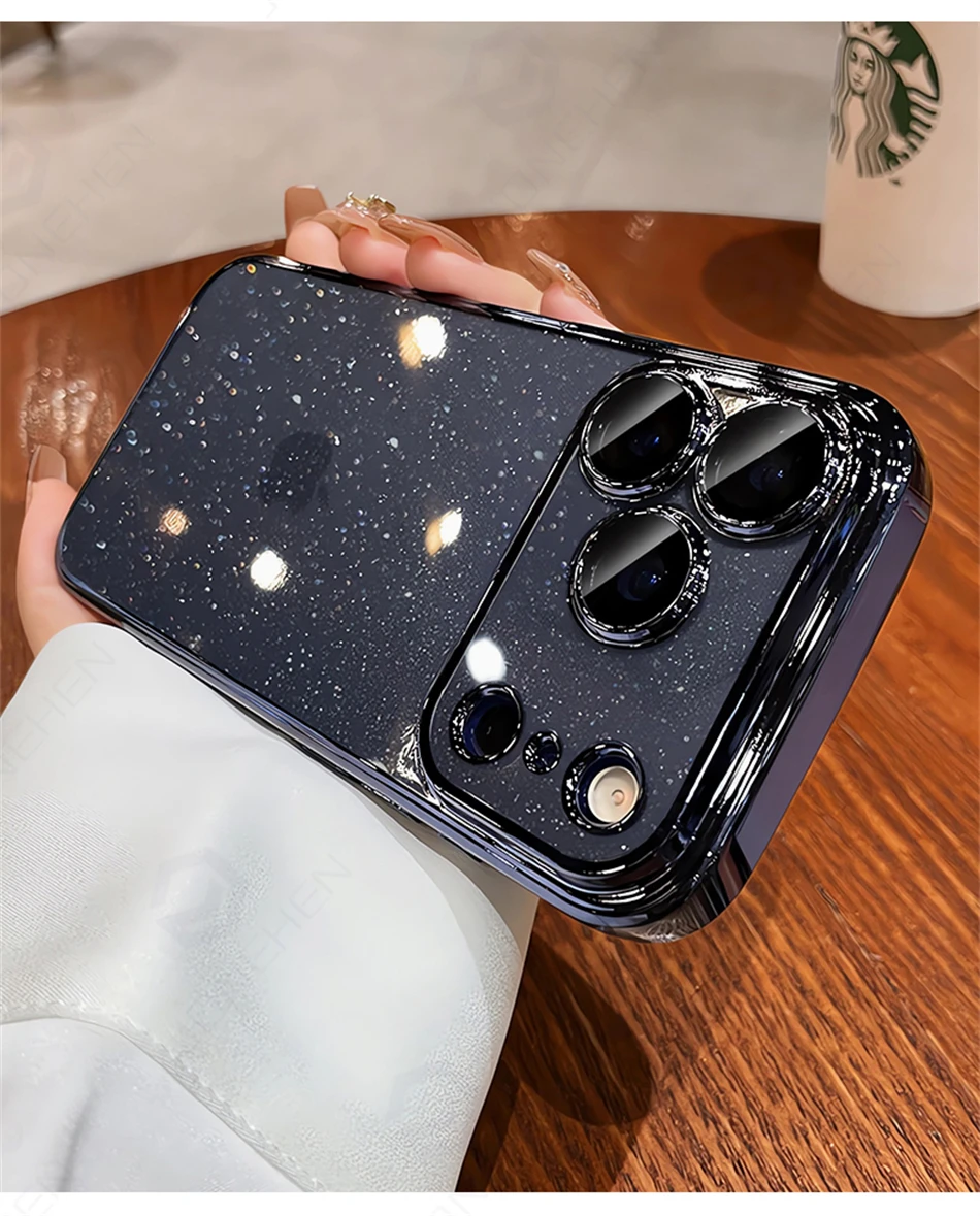 Luxuriöse Transparente Glitzer-Schutzhülle für iPhone 12 13 14 15 16 17 18 Pro Max mit Orangefarbener Beschichtung, Stoßfänger und Hartglas-Objektivabdeckung – Detail 13