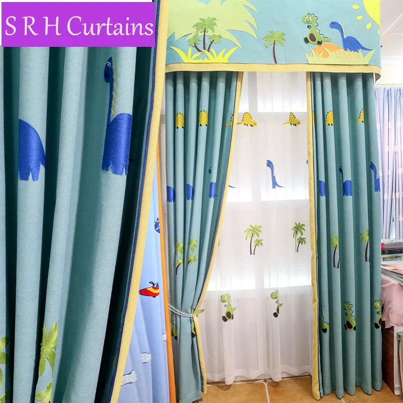 

Cartoon Linen Blue Dinosaur Embroidery Curtains Children Bedroom Window Blackout Curtains For Living Room Sheer Tulle Drapes