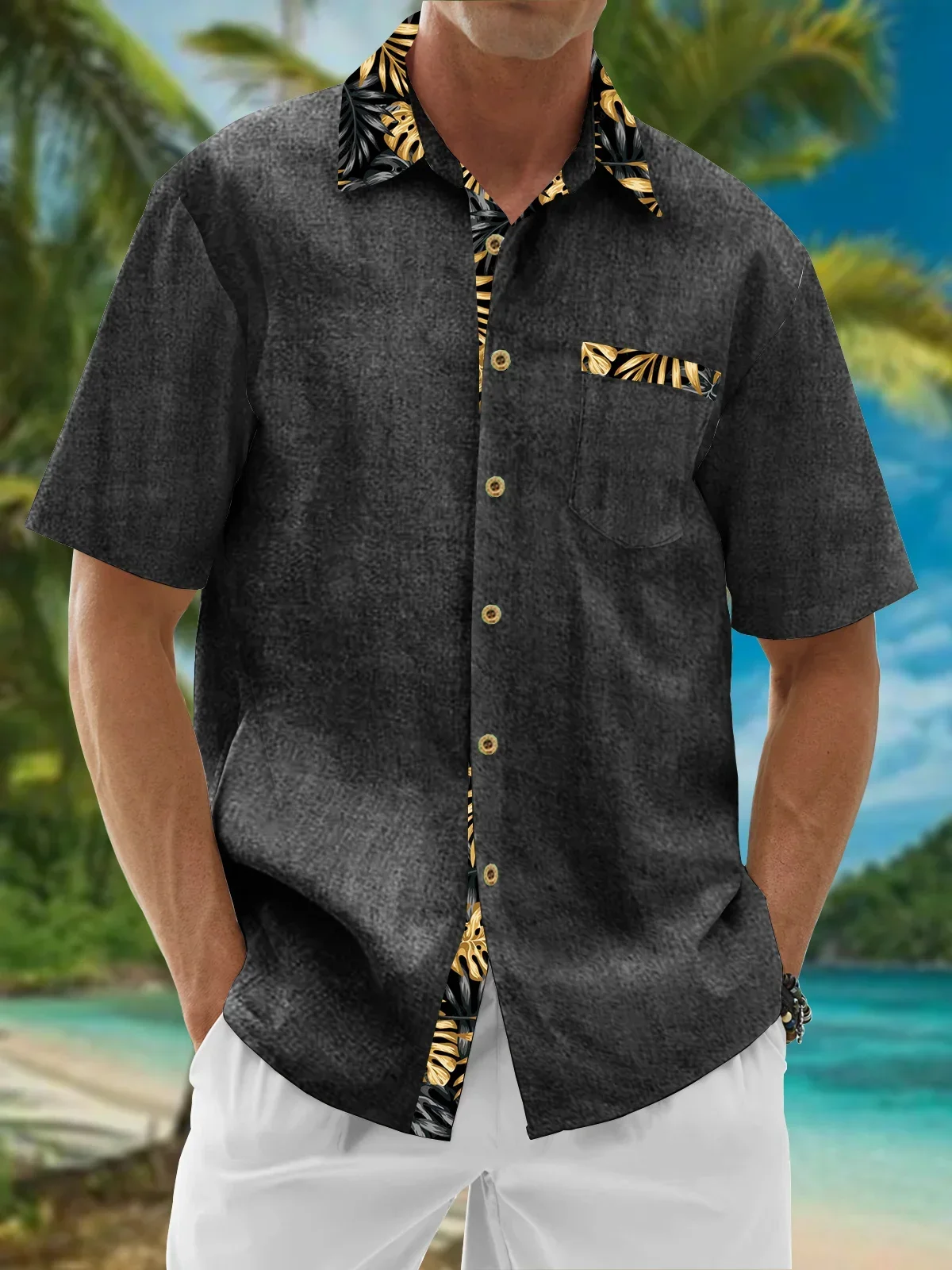 Camisa hawaiana de manga corta para hombre, camisa de manga corta con cuello abatible y bolsillo de retazos de color sólido, informal, de la serie tiki, a la moda, novedad de verano, 2024