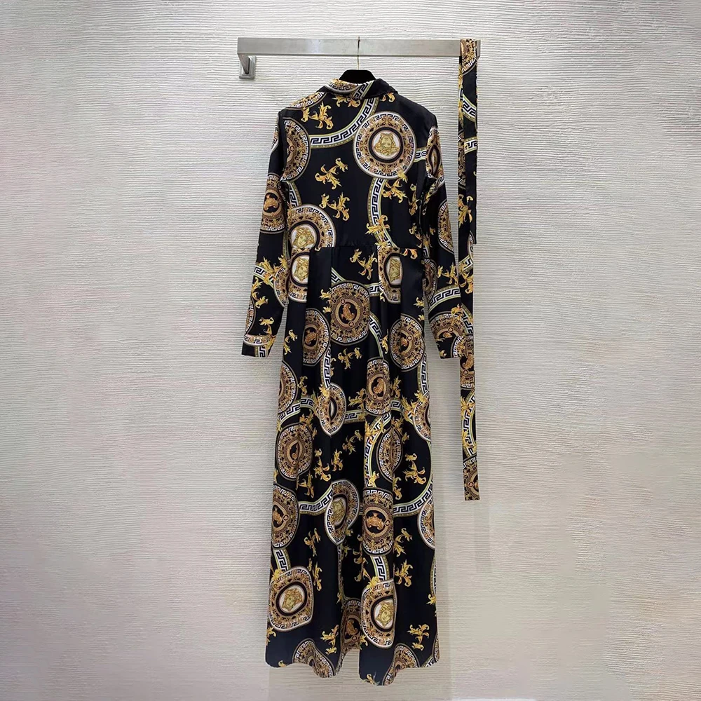 Baroque Retro Print Polo High Waist Long Sleeve Maxi Dresses for Women Spring 2023 New Korean Fashion Clothing Elegant Ladies