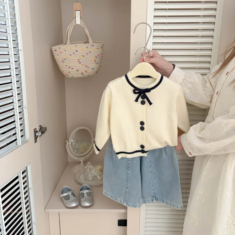 2026 Autumn New Girls Long Sleeve Knitted Cardigan Baby Cute Bow Sweater Coat Kids Casual Knitwear Infant Toddler Clothes