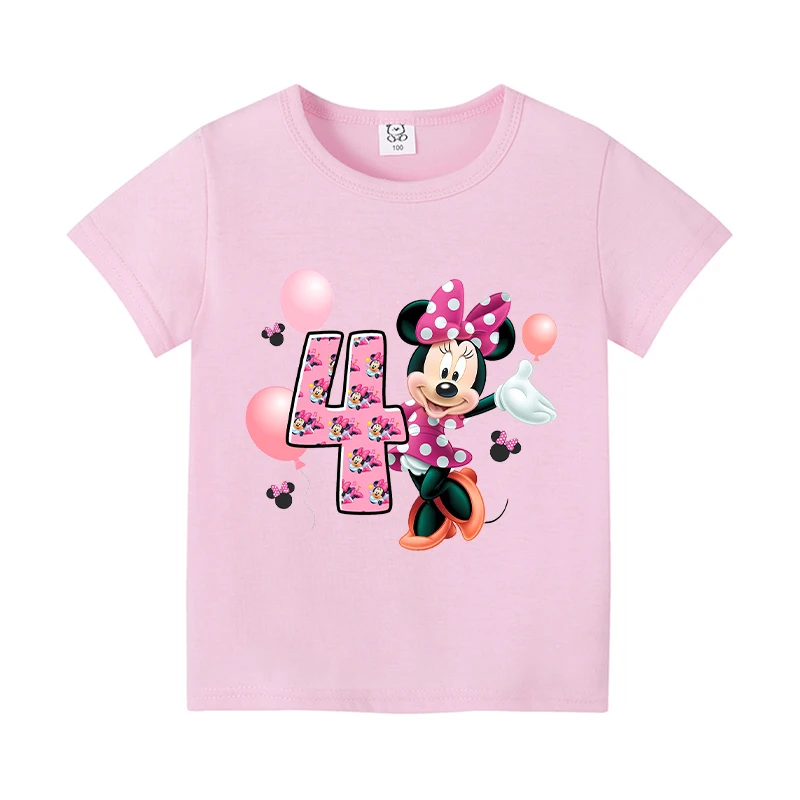 Minnie Mouse Children Pink T-Shirt Birthday Number 1-9 Disney Clothes Cute Anime Kids Girls Boys Tee Shirt Casual Birthday Gifts