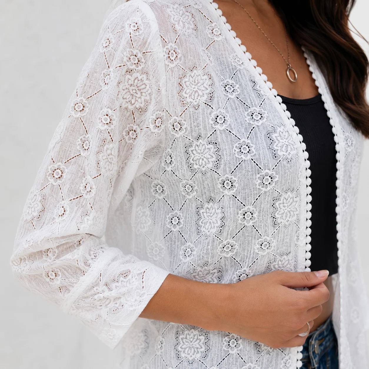 Women White Lace Cardigan 3/4 - đánh giá và giá Kimono Sheer Floral