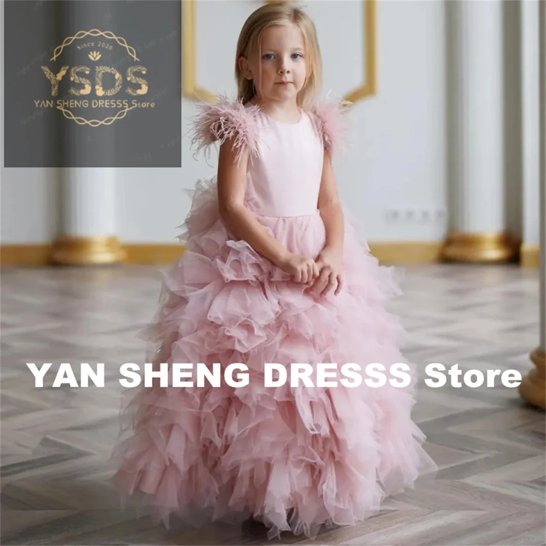 

Customized Flower Girl Dresses Pink Tulle Tiered Feather Sleeveless For Wedding Birthday Prom Banquet Holy Communion Gowns