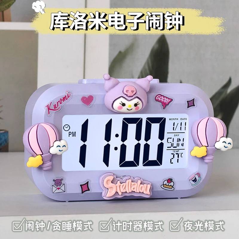Sanrio Kuromi Alarm Clock with Night Light Snooze Button Cute Cartoon Melody Kitty Desktop Clocks Noctilucent Alarm Clocks Gift