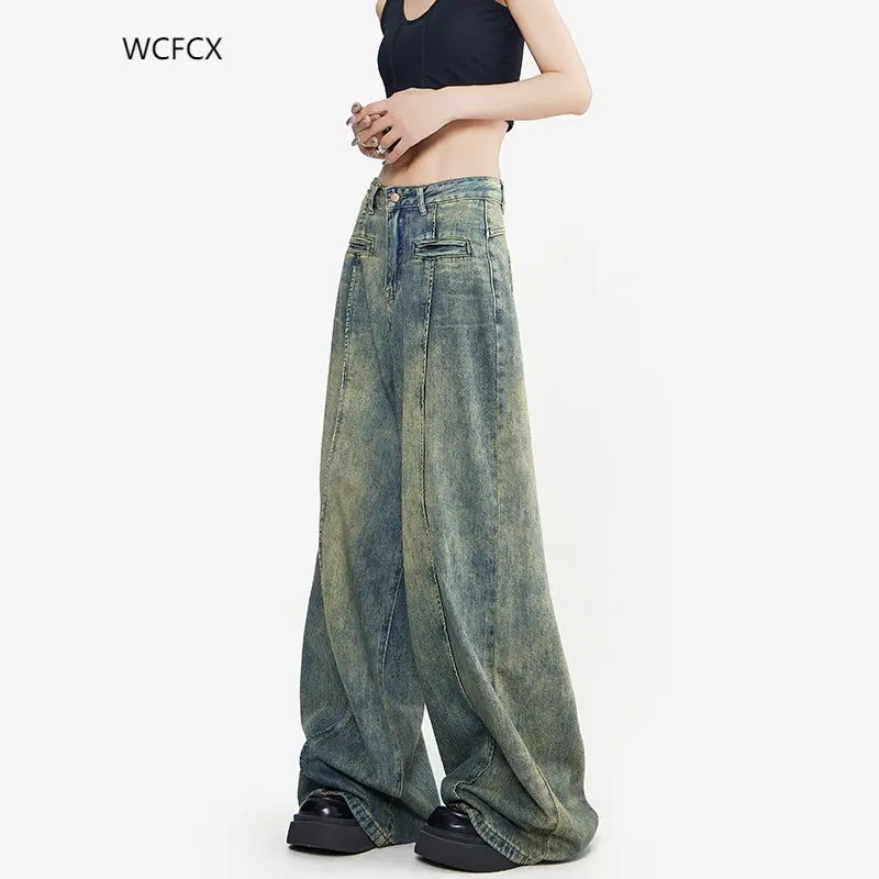 WCFCX STUDIO Harajuku Jeans for Women Vintage Streetwear Baggy Jeans High Waist Straight Wide Leg Pants Denim Trousers