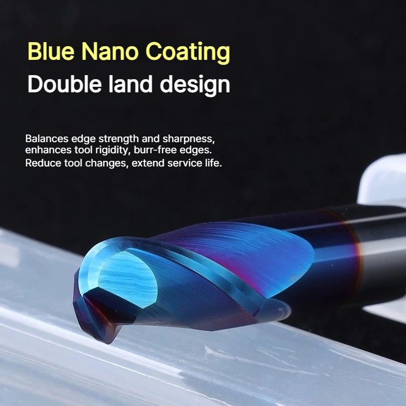 HRC70 Hardened Steel Ball Nose End Mill, Solid Carbide with Blue Nano Coating, Radius R0.2-R1-R2-R3-R4-R10