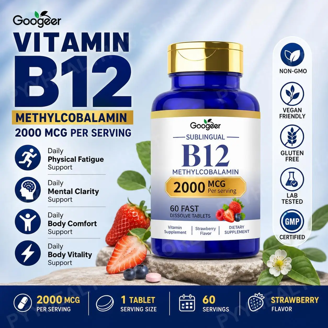 Googeer B12 Methylcobalamin Sublingual Fast Dissolve Tablets with Strawberry Flavor for Daily Body Comfort Support, 60 Tablets