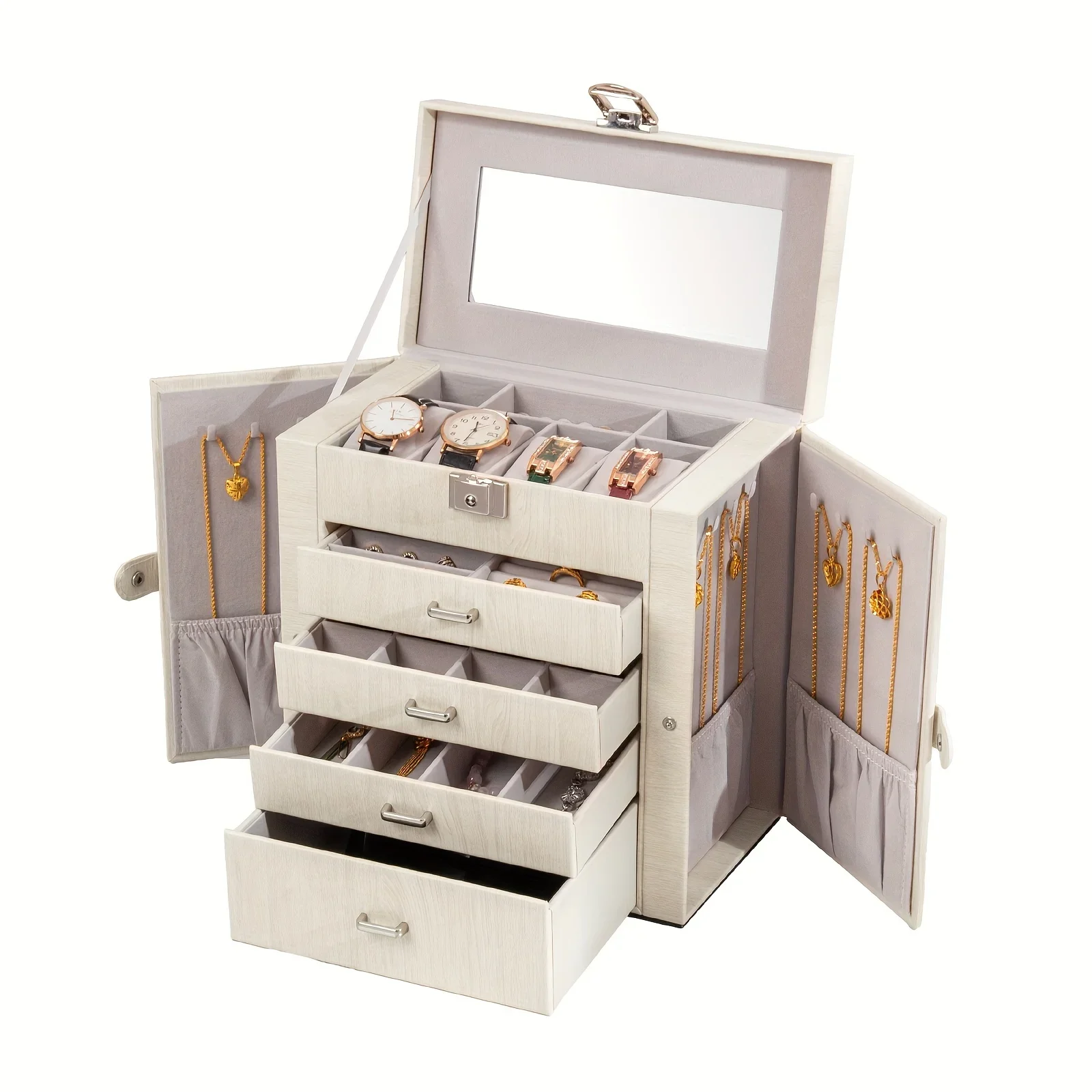 Large Jewelry Box, 5-Tier PU Leather Jewelry Organizer With Lock, Multi-functional Storage Case With Mirror, Jewelry Organizer