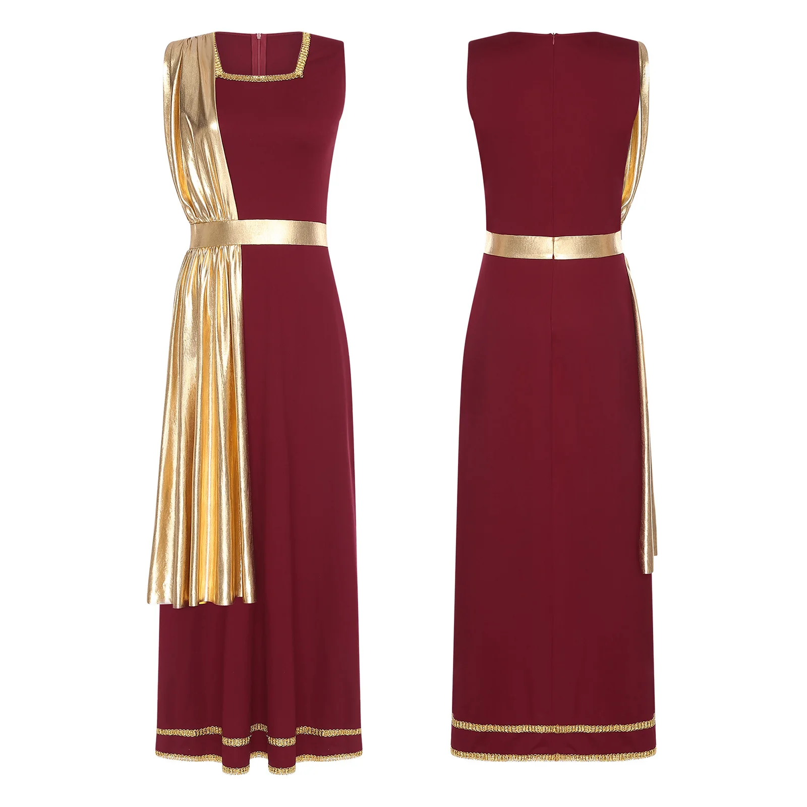 Women Ancient Greek Roman Queen Princess Cosplay Costume Sleeveless Metallic Shiny Tunic Toga Dress for Halloween Theme Party - view 2