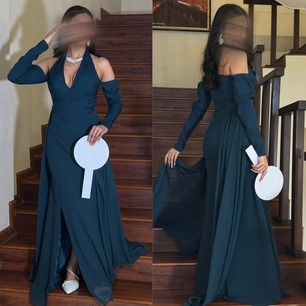 

Customized Elegant Sizes Available Chiffon Ruched Draped Straight Halter Off-the-shoulder Long Dresses Bespoke Occasion Dresses