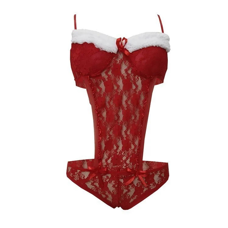 Christmas Erotic Lingerie Red Lace Babydoll Sleepwear Bra Skirt Thong Sex Play Briefs High Waist Sexy Sensual Underwear