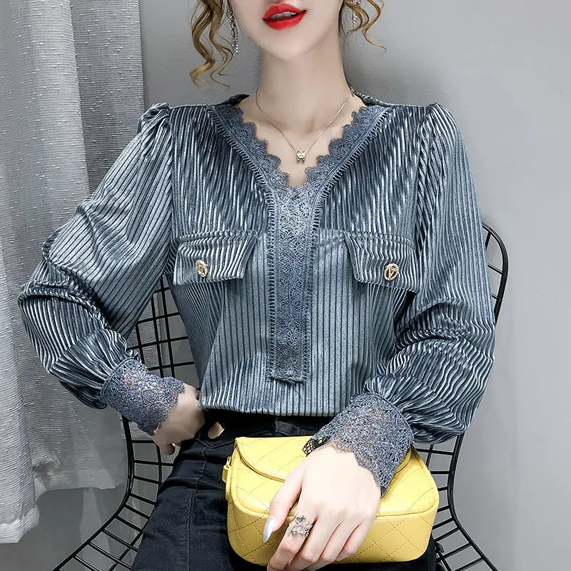 

Women's Fashion All-match Lace Spliced V-Neck Blouse Spring Autumn Korean Commute Long Sleeve Solid Color Shirt Female Clothing