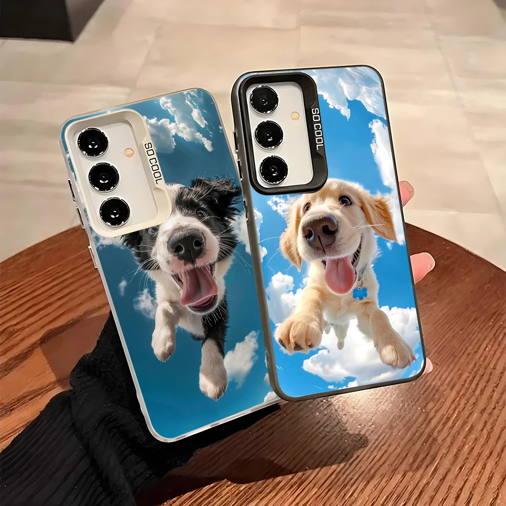 Silver IMD Case For Samsung A56 A36 A26 A24 A17 5G A16 A14 A12 A32 A50 A70 A22 A54 A52 5G A06 4G Cover Funny Dog Sky Parachuting
