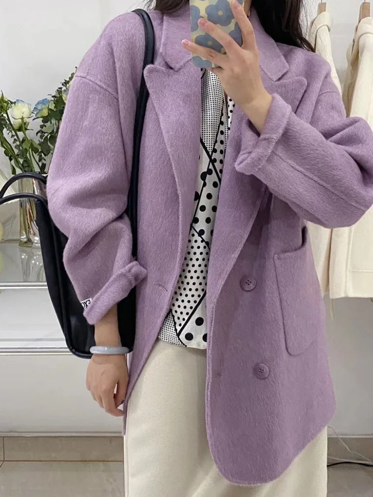 New Short Double-sided Wool Coat Women Fashion Simple Loose Double Breasted Lapel Cashmere Woolen Coat Female Fit Autumn Winter