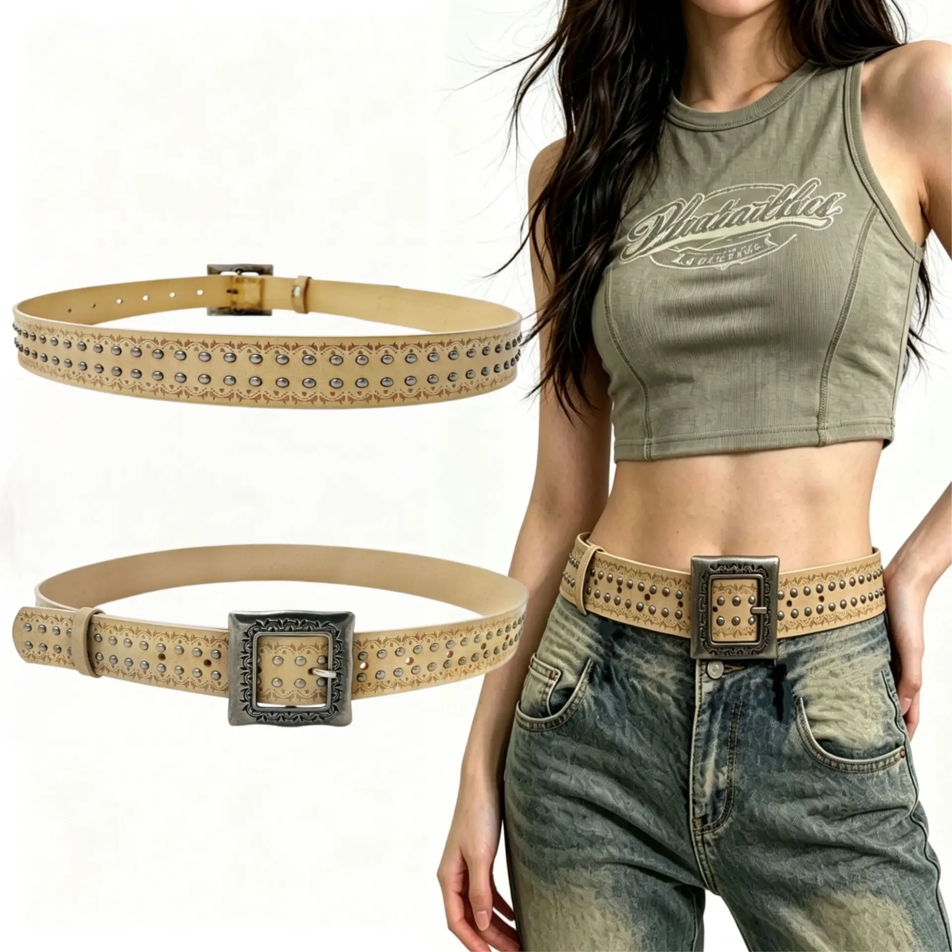 New Heavy-Duty Rivet Tie Waistband, American Vintage Wasteland Wide Belt, Cross-Border Hot Girl Accessory Wholesale