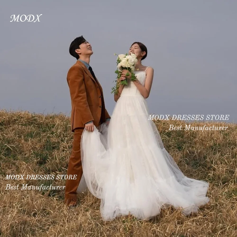 MODX Elegant Ivory Korean Wedding Dress Spaghetti Strap A Line Floor Length Tulle Bridal Gown Sleeveless Backless Design Sweep T