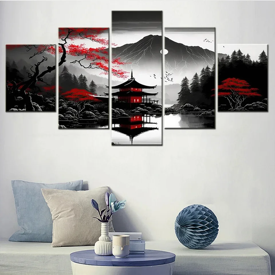 5 Pcs diamond painting cross stitch Landscape Black Red Japanese Mountains Waters pattern diamond embroidery mosaic Home Decor