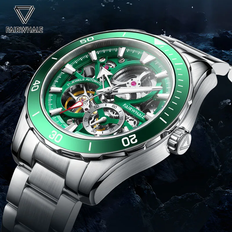 Fairwhale Fashion Automatic Watch For Mens Luxury Skeleton Clock Busines Mans Luminous Green Mechanical Wristwatch Free Shjpping