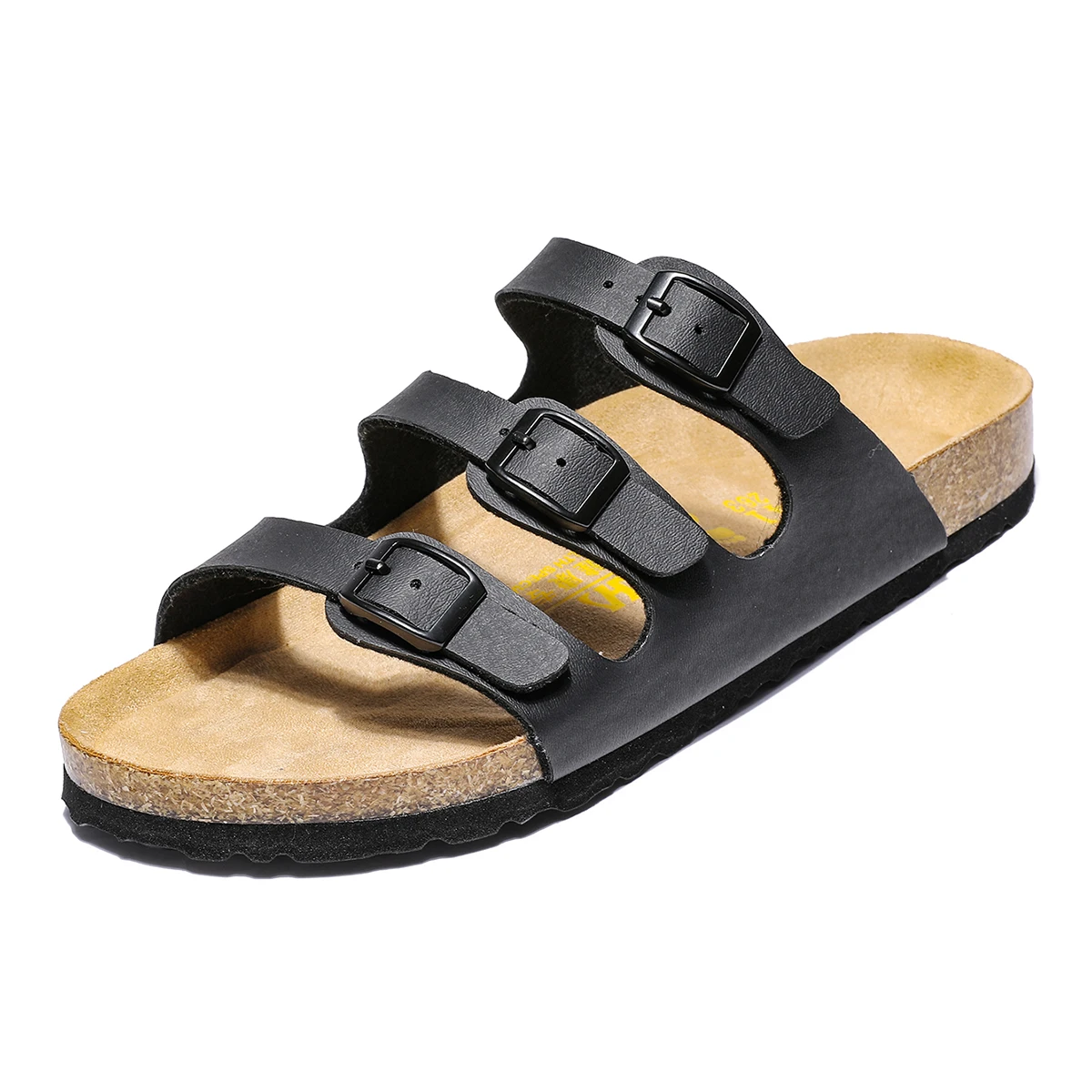 Women Men Three Strap Cork Footbed Slide Sandals Adjustable Metal Buckle Flat Slip On Open Toe Comfort Casual Summer Slippers