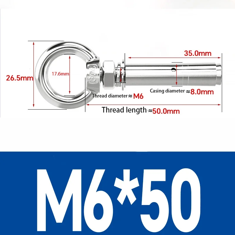 1-2pcs M6 M8 M10 - M20 304 Stainless Steel Expansion Screw Hook Eyebolt Expansion Universal Ring Screws Anchor Concrete Sleeve