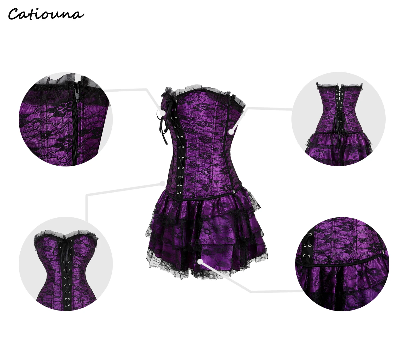 Women\'s Sexy Vintage Corset Dress Burlesque Lace Floral Bustier with Mini Pleated Tutu Skirt Set Victorian Clubwear CostumeS-6XL