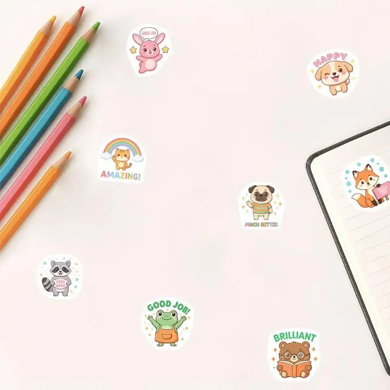 Cartoon Animal Encouragement Roll Stickers Self-Adhesive Waterproof Reward Decals for Kids Teacher Classroom DIY Craft Decor