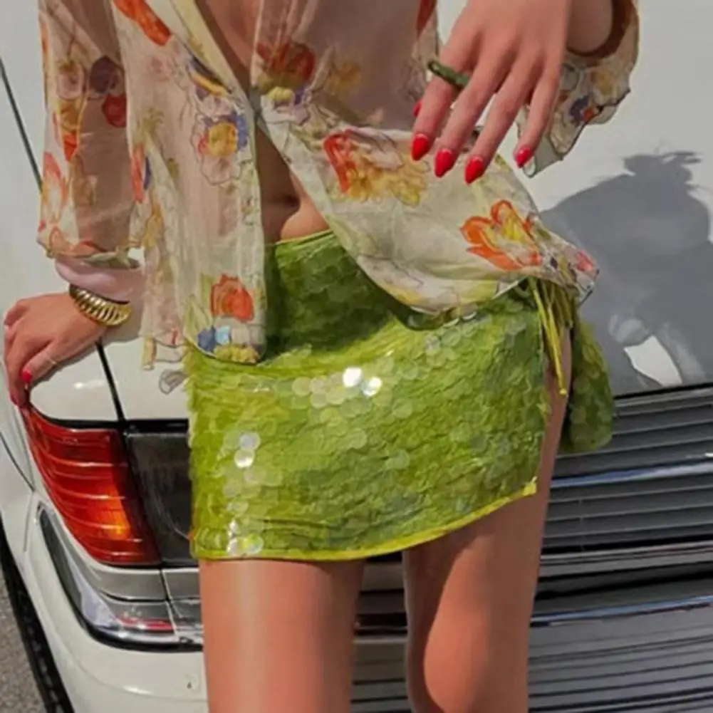 Женская юбка Сверкающая мини-юбка с пайетками и высокой талией на шнуровке Сексуальная вечерняя юбка для женщин с запахом для кокетливого дизайна