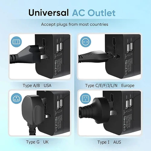 Imagen 2 del producto Enchufe de viaje universal, adaptador de corriente alterna universal de 240 V, 2 puertos de carga USB y 1 tipo C, enchufe y enchufe de viaje, conveniente